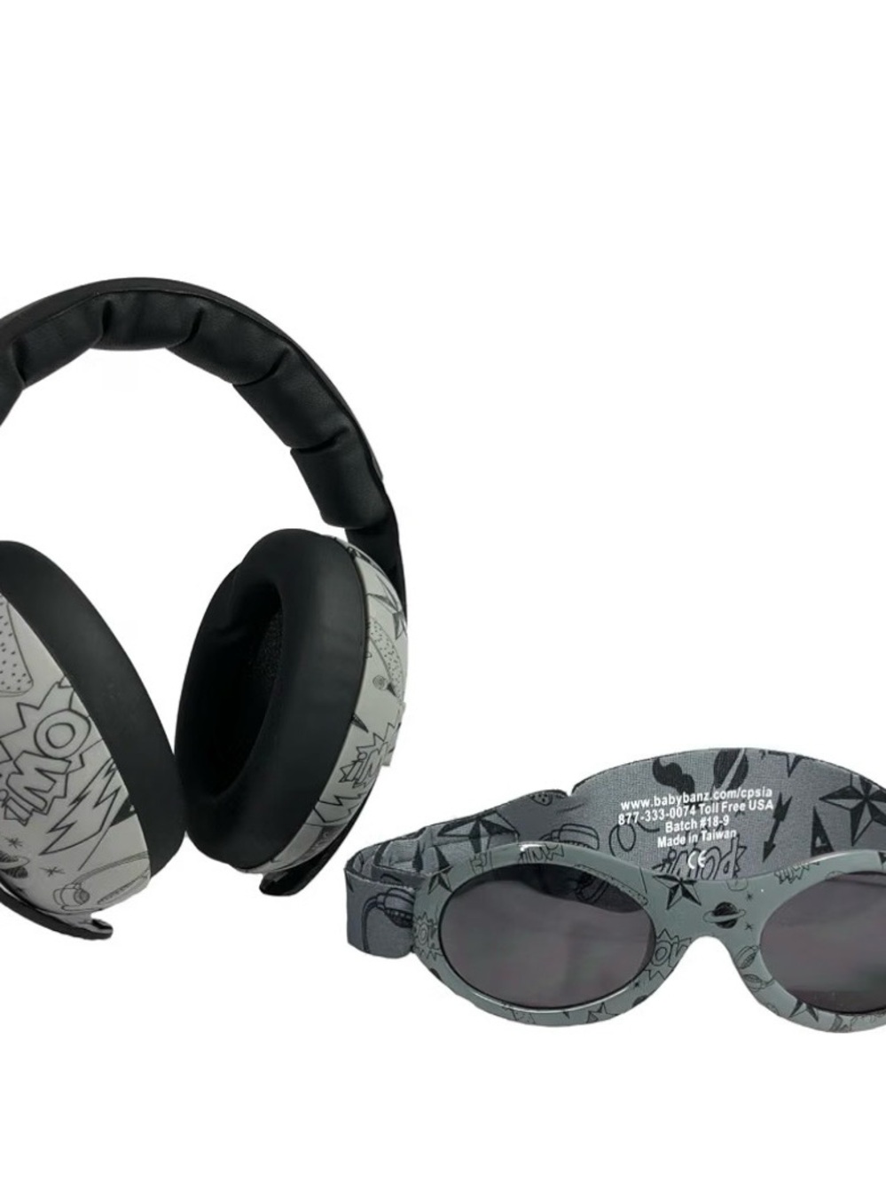 BaBy BanZ Over-Ear Kids Headphones and Protective Glasses – Gray Comic Print